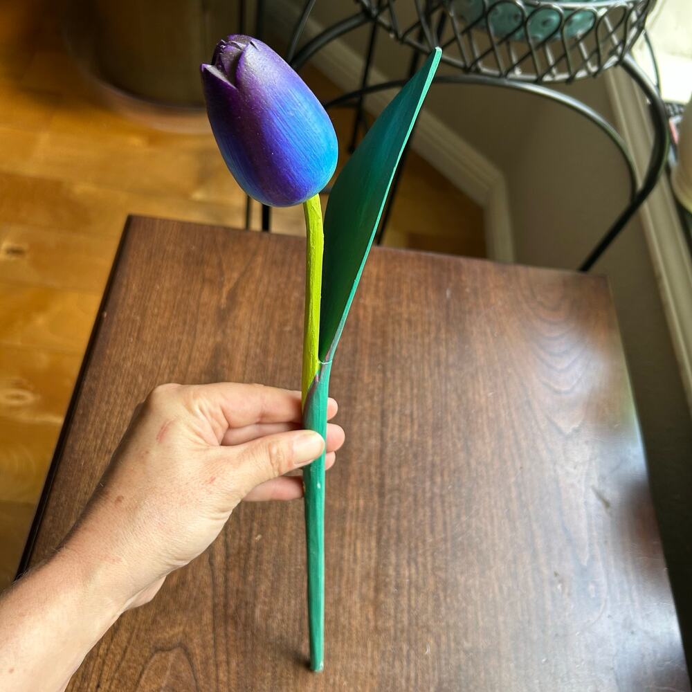 Wood tulip hand painted Spring artificial flower Wooden blue purple